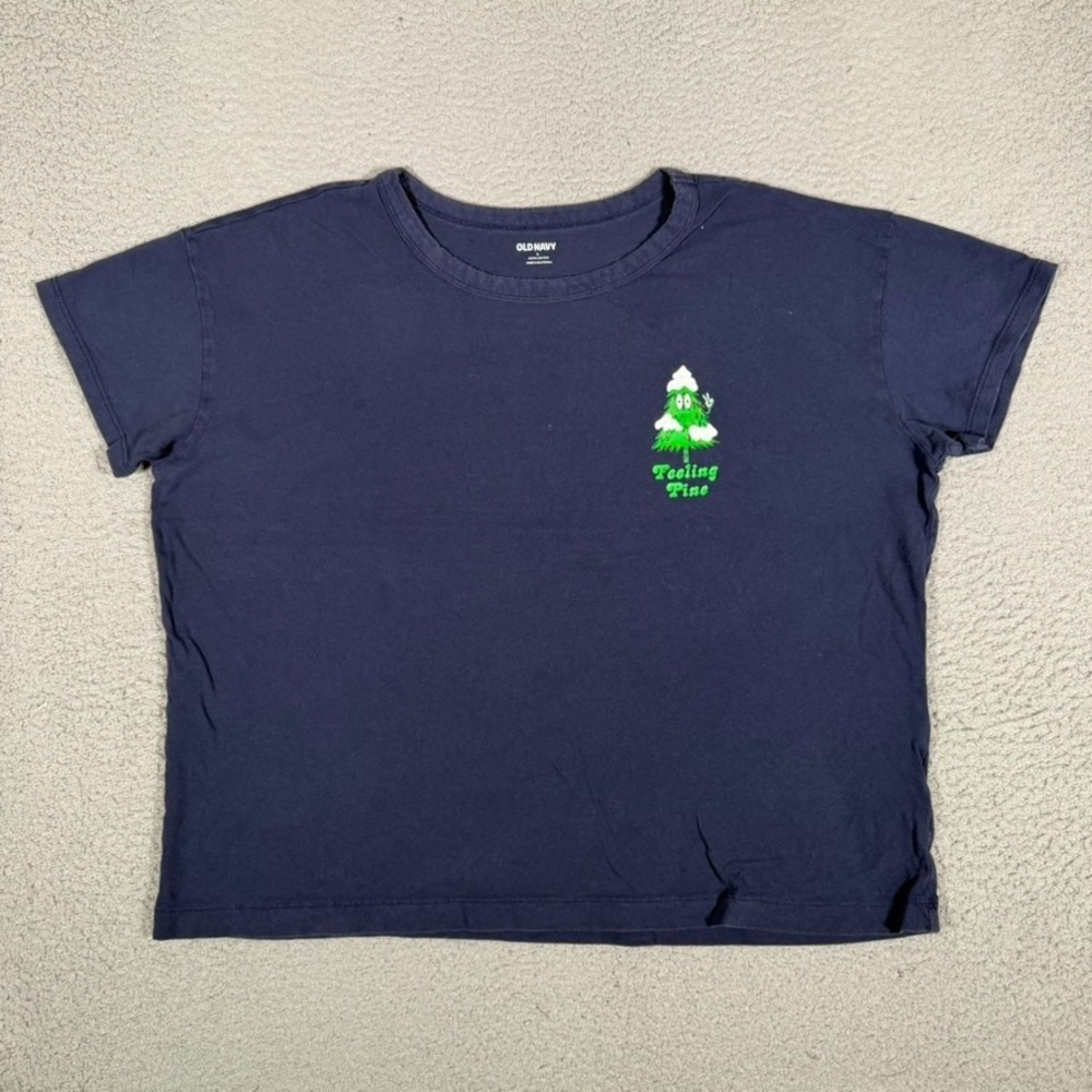 Old Navy Shirt Womens Large BLue Boxy Feeling Pine Graphic Christmas Cotten Tee